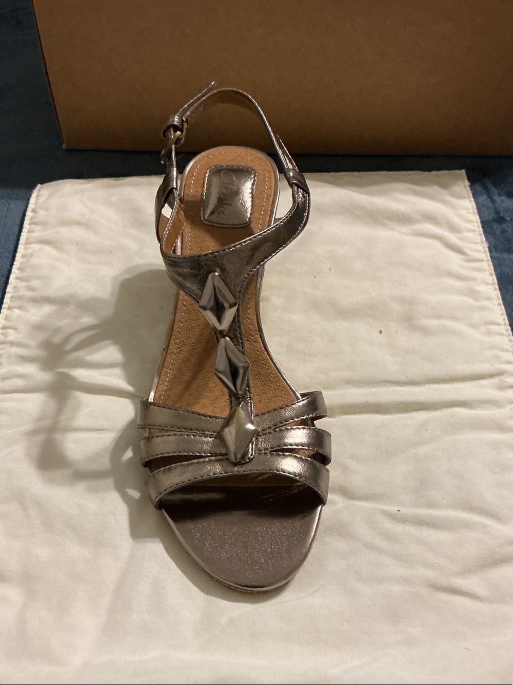 Clarks Metallic Pewter T-Strap Wedge Sandal with Geometric Accents